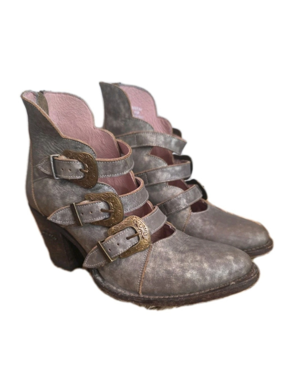 Miss Macie Booties Sz 7.5 Gray Leather Gold Brushed Buckles Boho Western Heeled